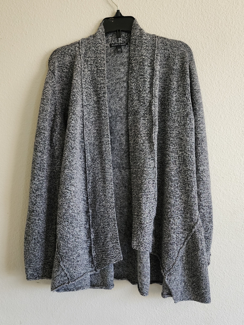 EILEEN FISHER Linen Wool Marled Grey Open Front Draped Peplum Cardigan L